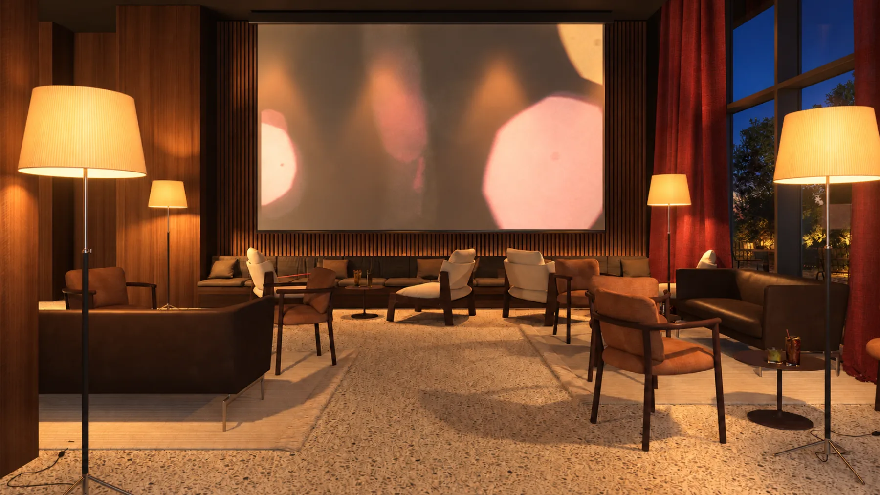 Cinema i party room s velikim platnom, foteljama i toplim svjetlom lampi